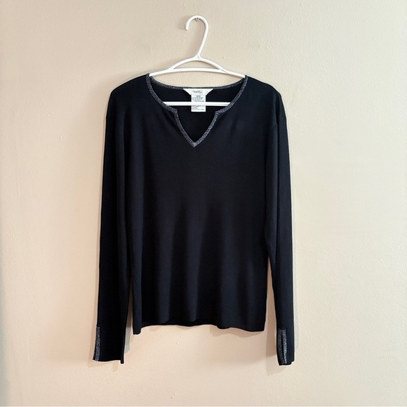 90s Vintage Northern Reflections Black V-Neck Sweater w Silver Trim - Picture 1 of 9